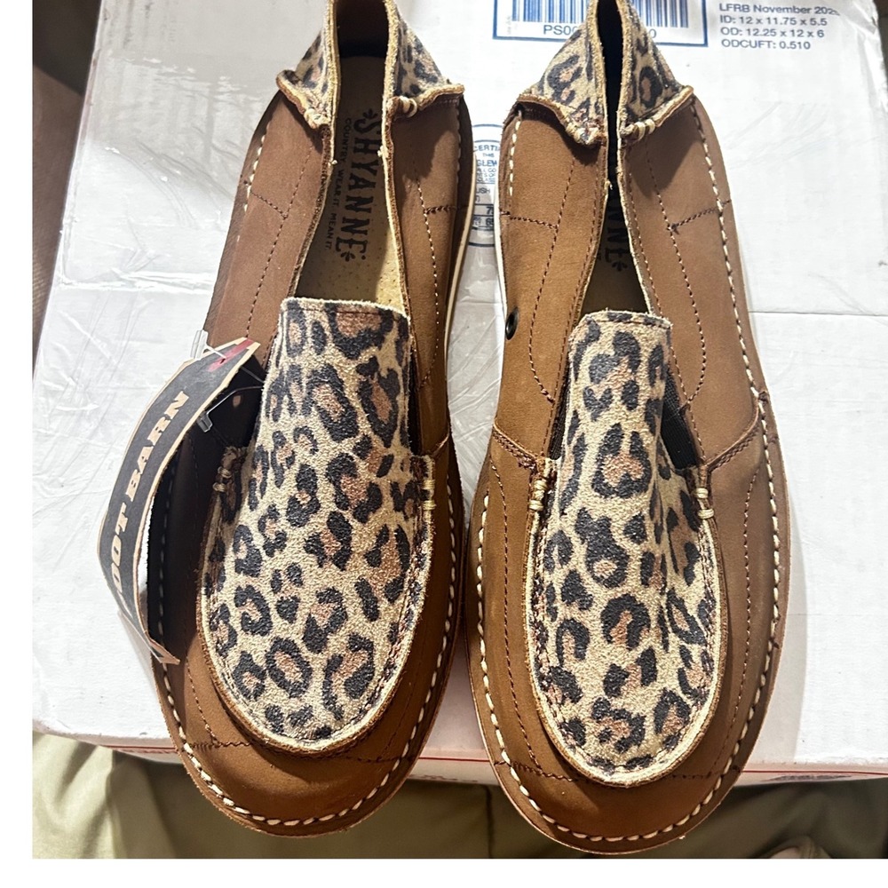 Shyanne Womens Brown Leather Leopard Print Moc Toe Slip On Loafers Sz 7 Boho